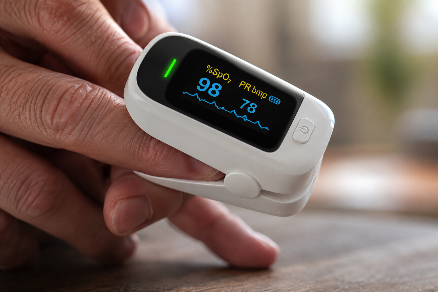 PulseGuard fingertip pulse oximeter on finger showing SpO2 98 and heart rate 78