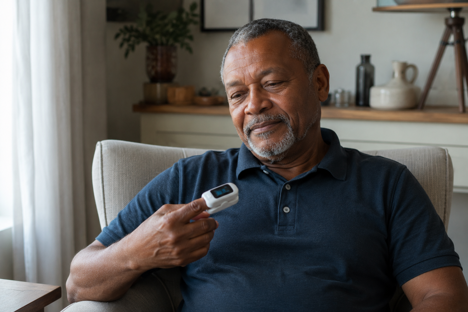 Older man at home looking calmly at a fingertip pulse oximeter