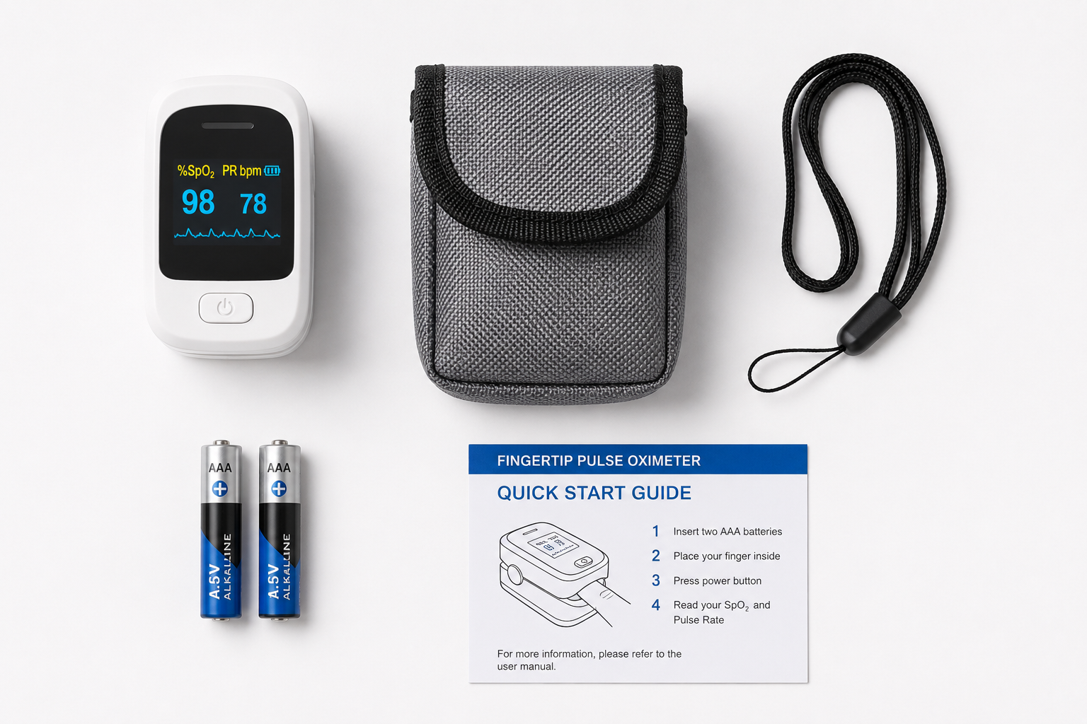 Complete PulseGuard kit: oximeter, carrying case, lanyard, batteries and quick-start guide laid out flat