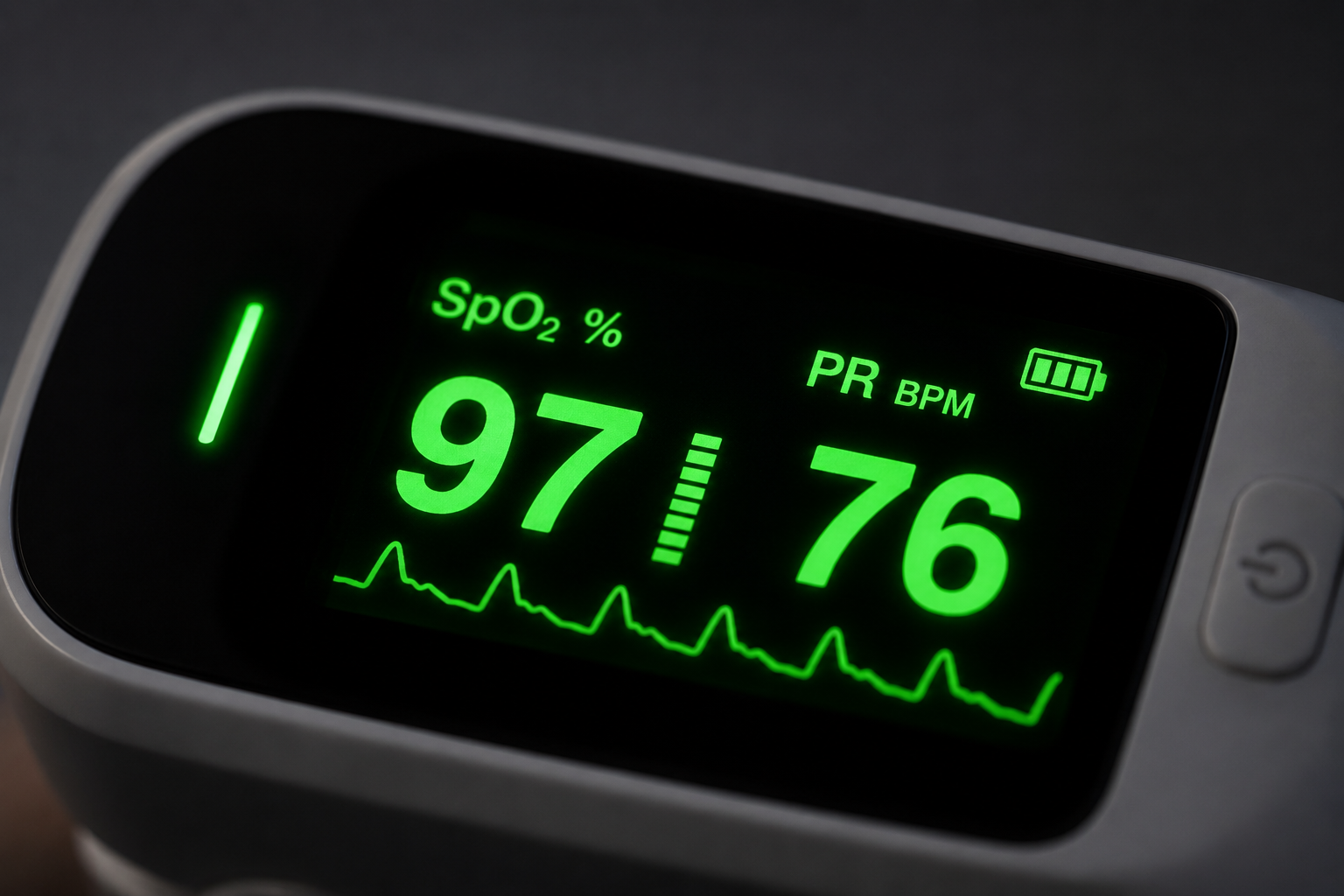 Close-up of green OLED display showing SpO2 97% and heart rate 76 BPM with waveform