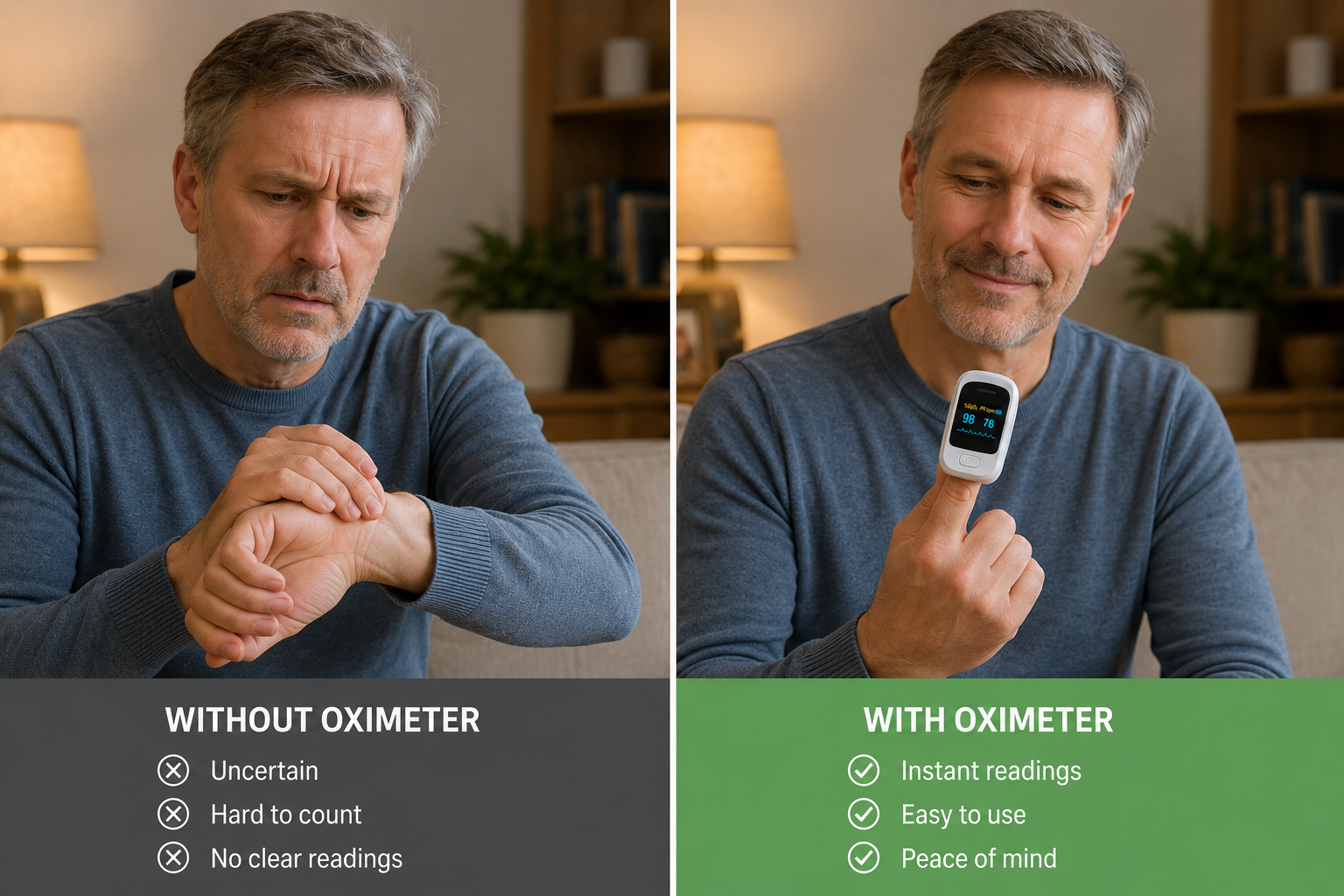 Before and after split: without oximeter man looks anxious counting pulse manually; with oximeter he holds device calmly seeing instant reading