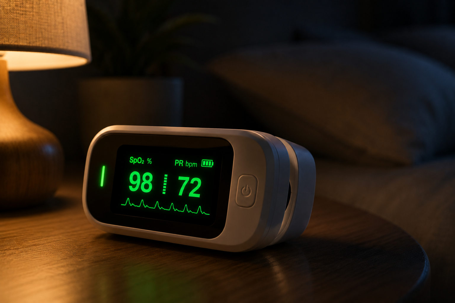 PulseGuard on a bedside table at night, green OLED display glowing in the dark
